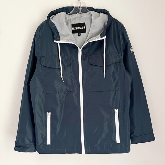 Express Mens Windbreaker Track Jacket S Navy Blue Hooded Full Zip Up Performance - Picture 2 of 9